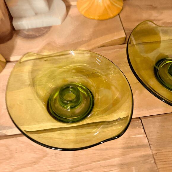 Viking Epic Glass Avocado Green Tapered Candle Holders - Pair - Vintage 1950s-19 - Picture 3 of 4